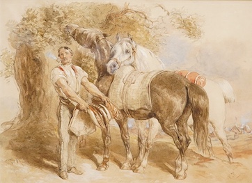 John Frederick Taylor PRWS (1802-1889), heightened watercolour, 'Saddling up', monogrammed, label verso, 27 x 37cm. Condition - fair to good